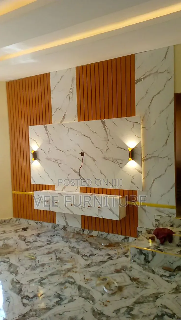 Luxury Floating Tv Wall Unit – Marble + Wood Slats + Led Lights
