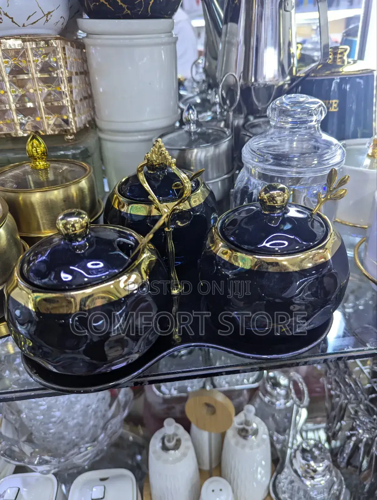 Ceramic Sugar Bowl 3 Set in Black and Gold