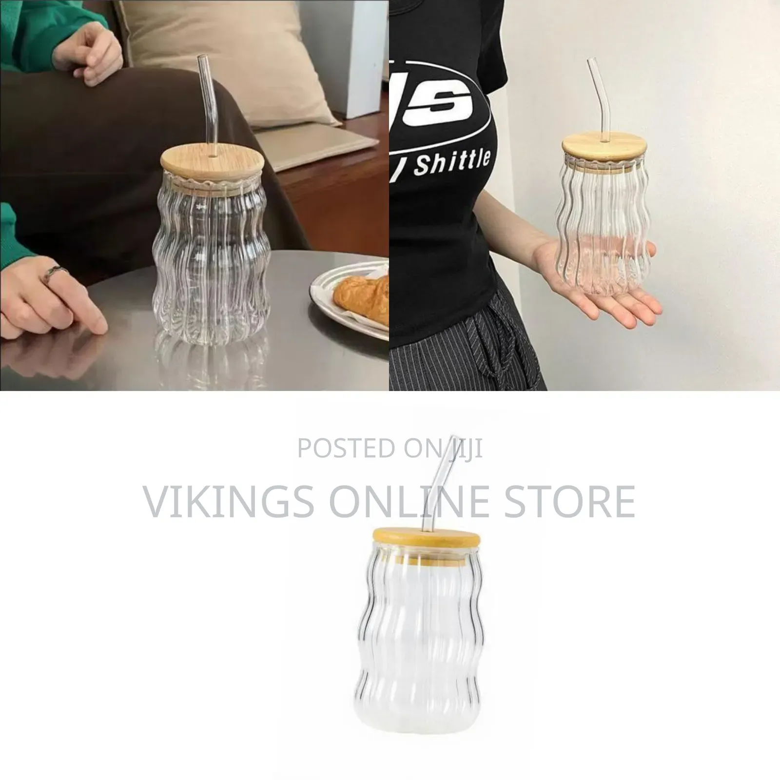 Wave Ripple Glass Drinking Tumbler With Wooden Lid and Glass Straw