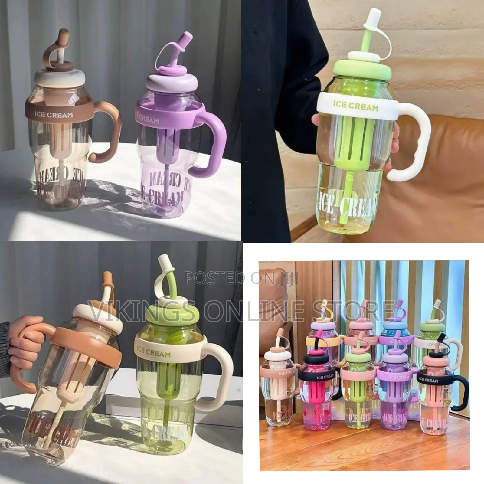 Charming Ice Cream Style Portable Drinking Jar With Handle and Straw