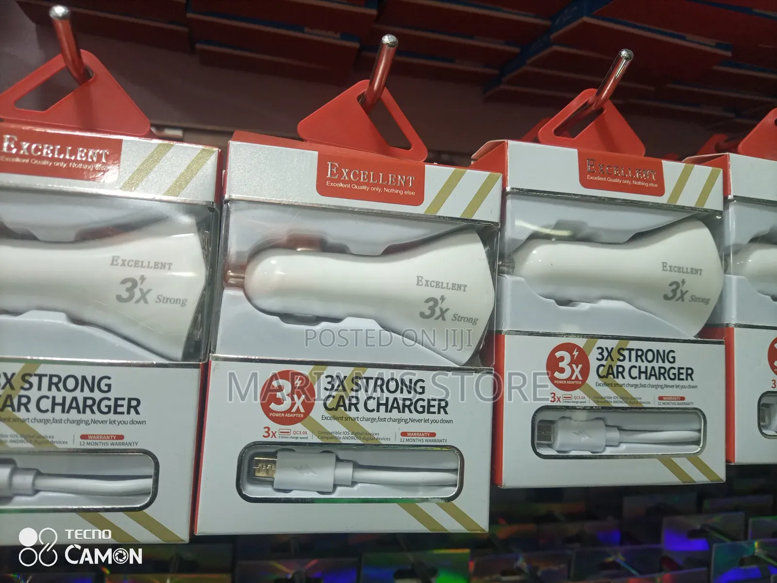 3x Strong Car Chargers in White, Featuring Fast Charging Capabilities