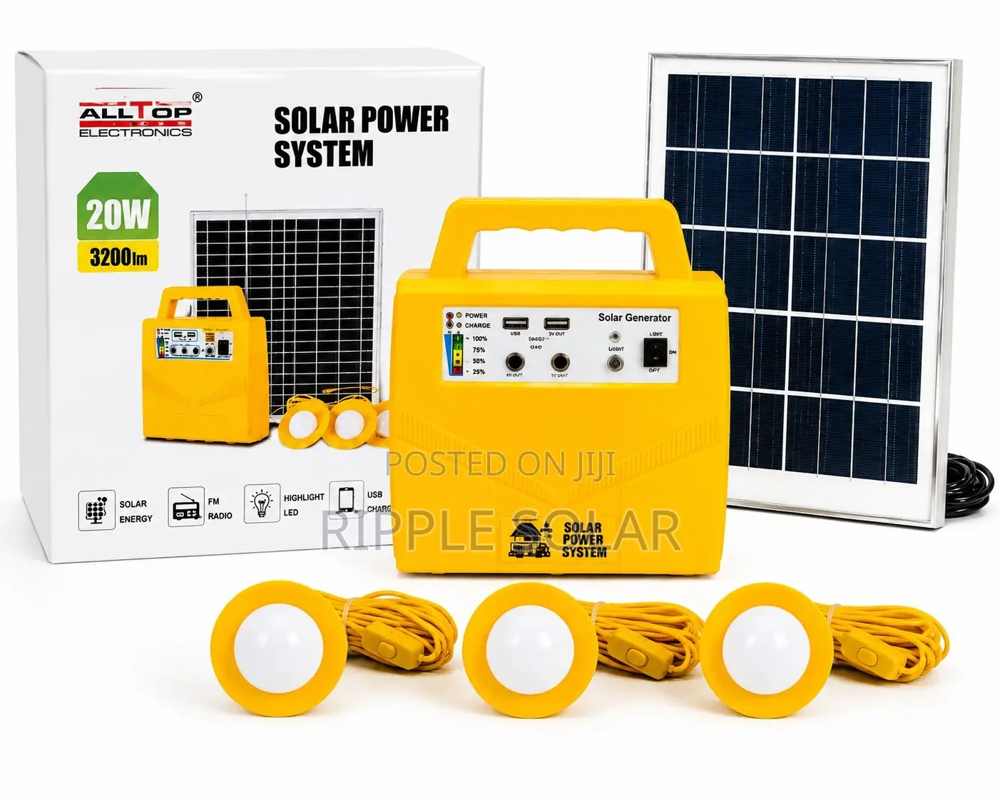20w Portable Solar Home Lighting Kit 3 Bulbs Fm Radio Phone Charging