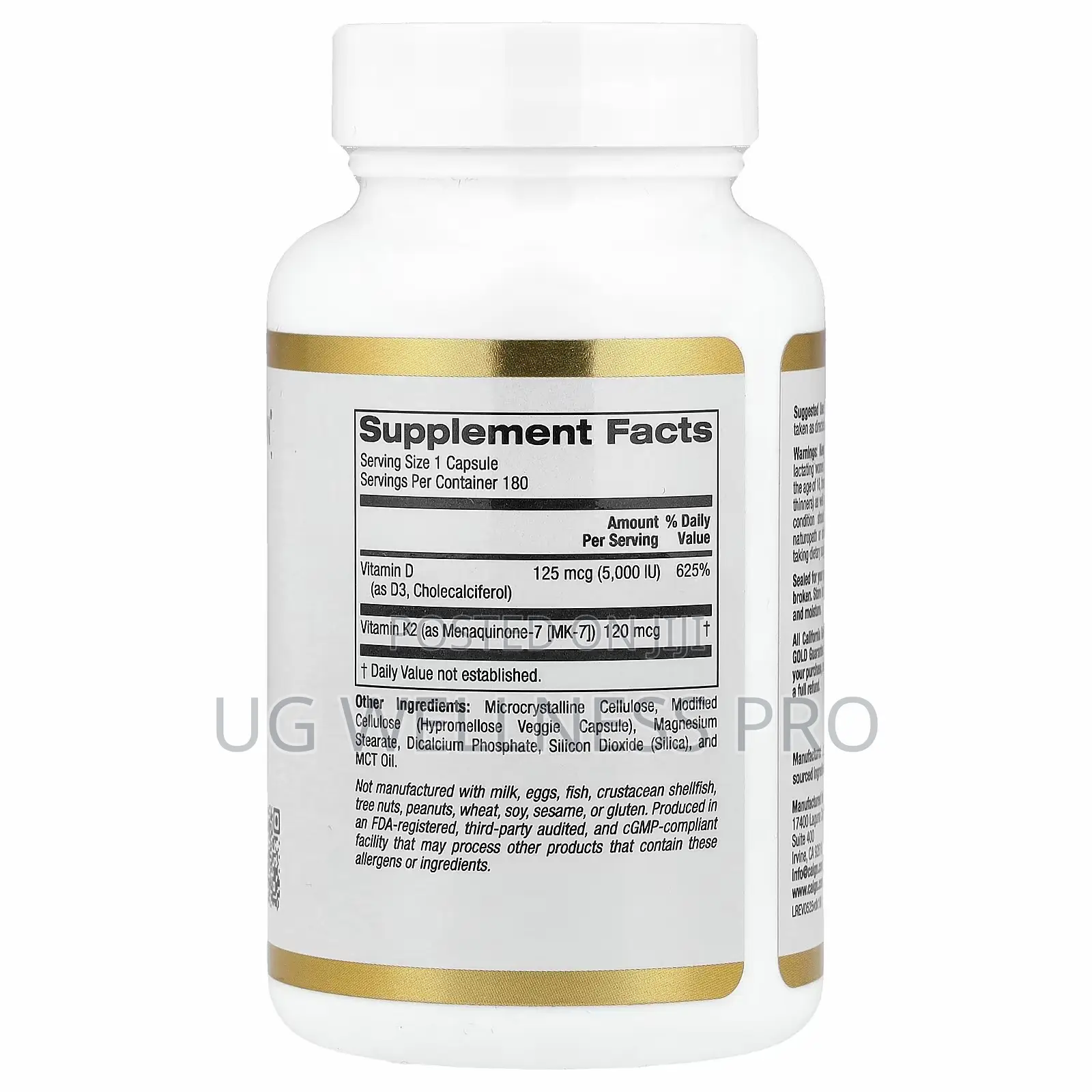 California Gold Nutrition Vitamin D3 + as Mk-7, 180 Veg Capsules