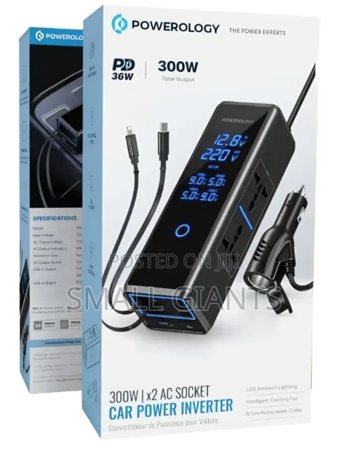 Powerology 300w Car Power Inverter Dc 12v to 220v Ac