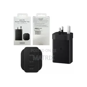 Samsung 65w Pd Power Adapter With Two Usb-C Ports and One Usb-a Port.