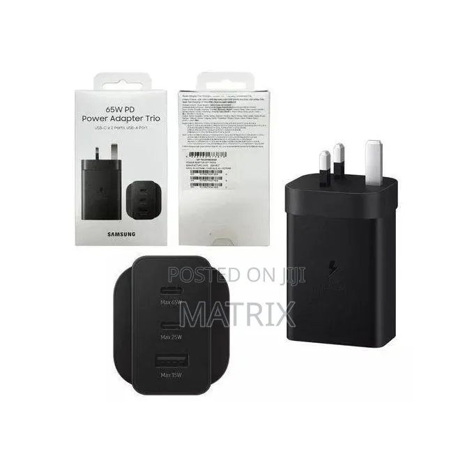 Samsung 65w Pd Power Adapter With Two Usb-C Ports and One Usb-a Port.