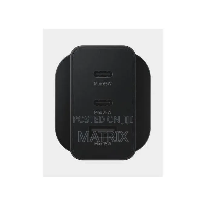 Samsung 65w Pd Power Adapter With Two Usb-C Ports and One Usb-a Port.