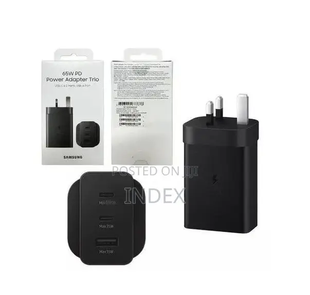 Samsung 65w Pd Power Adapter With Two Usb-C Ports and One Usb-a Port.