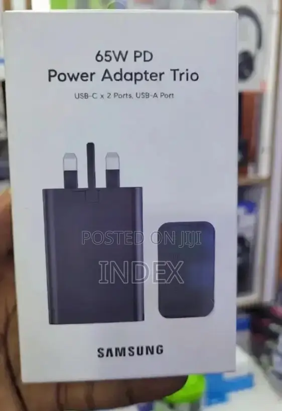 Samsung 65w Pd Power Adapter With Two Usb-C Ports and One Usb-a Port.