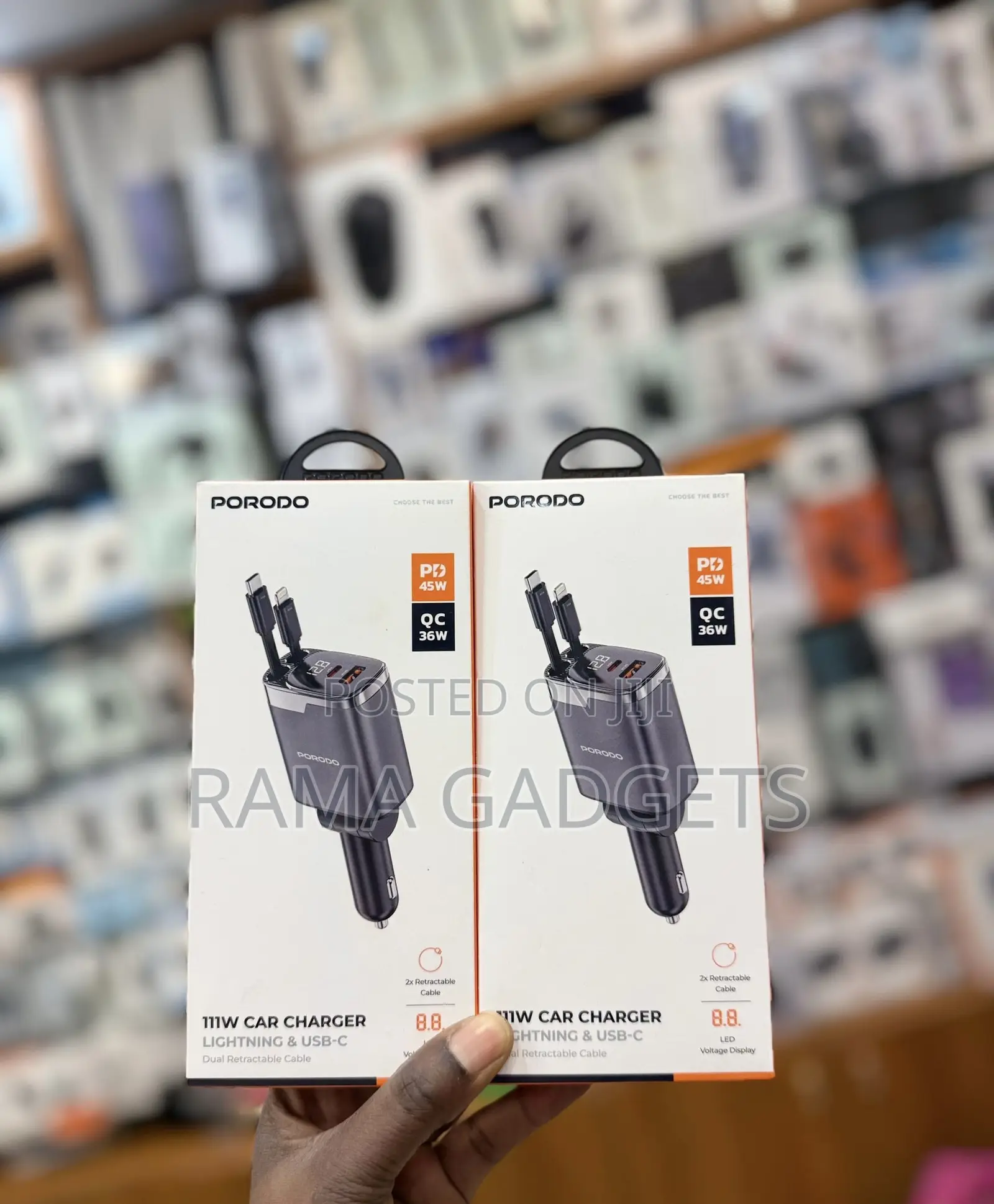 Porodo111w Car Charger Featuring Retractable Lightning and Usb-C Cable