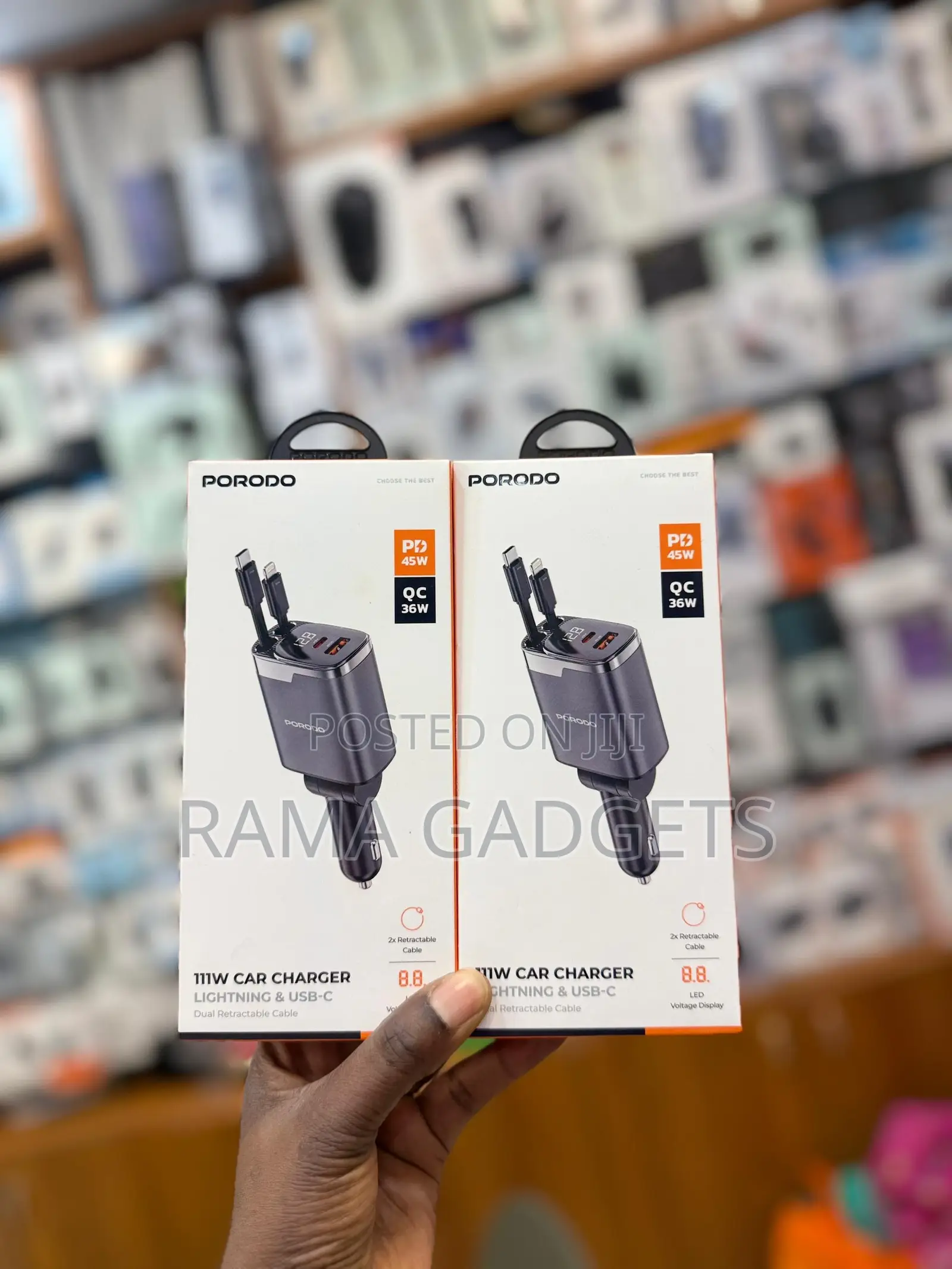 Porodo111w Car Charger Featuring Retractable Lightning and Usb-C Cable