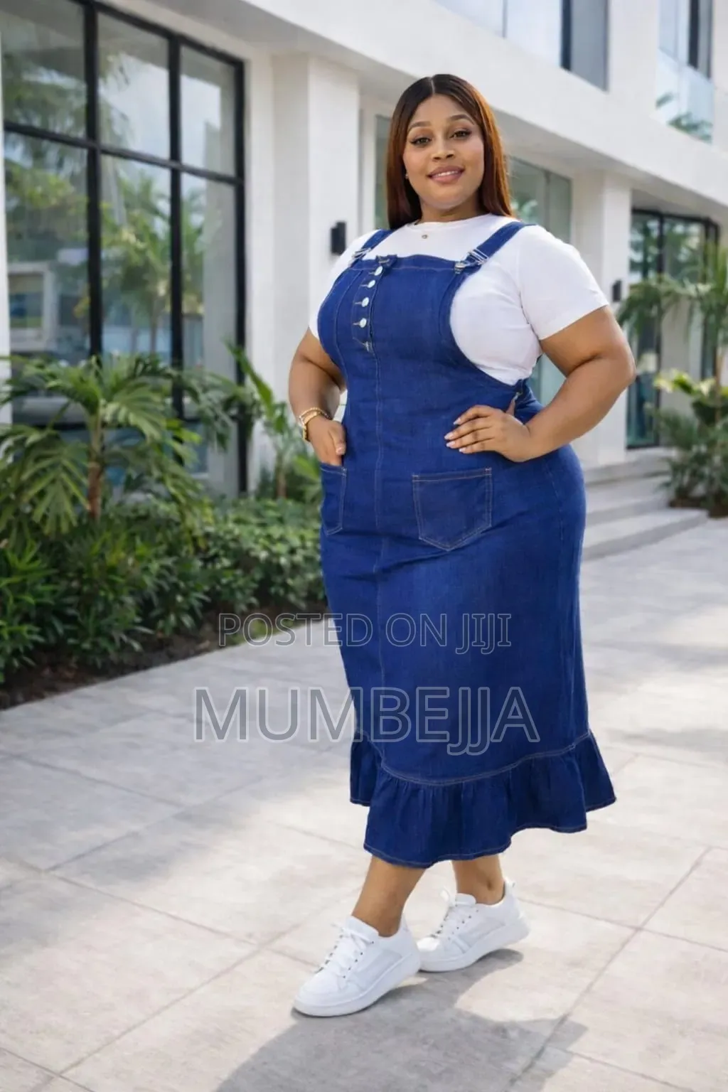 Original Demin Pinafore Dress With a White Short Sleeve Skirt.