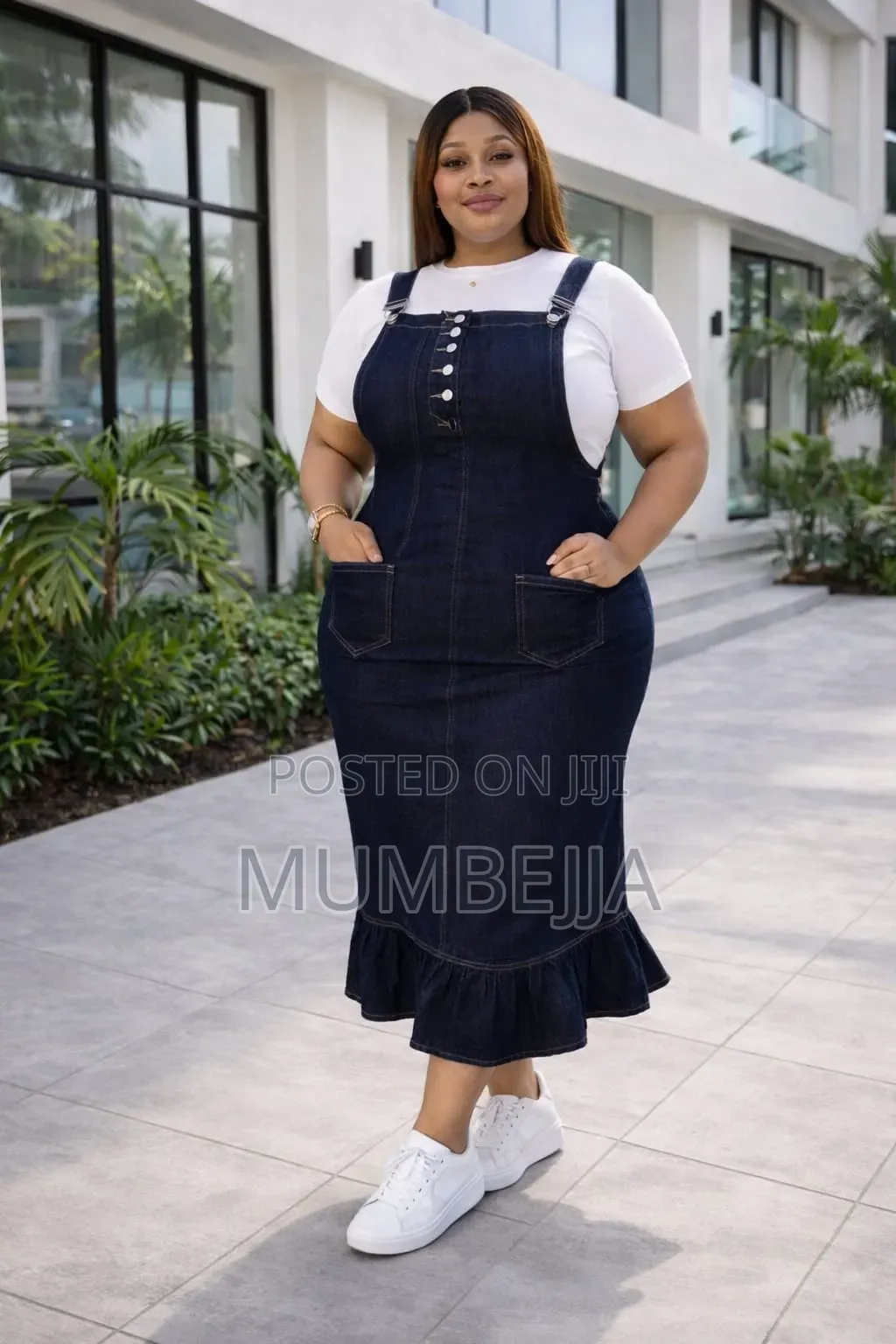 Original Demin Pinafore Dress With a White Short Sleeve Skirt.