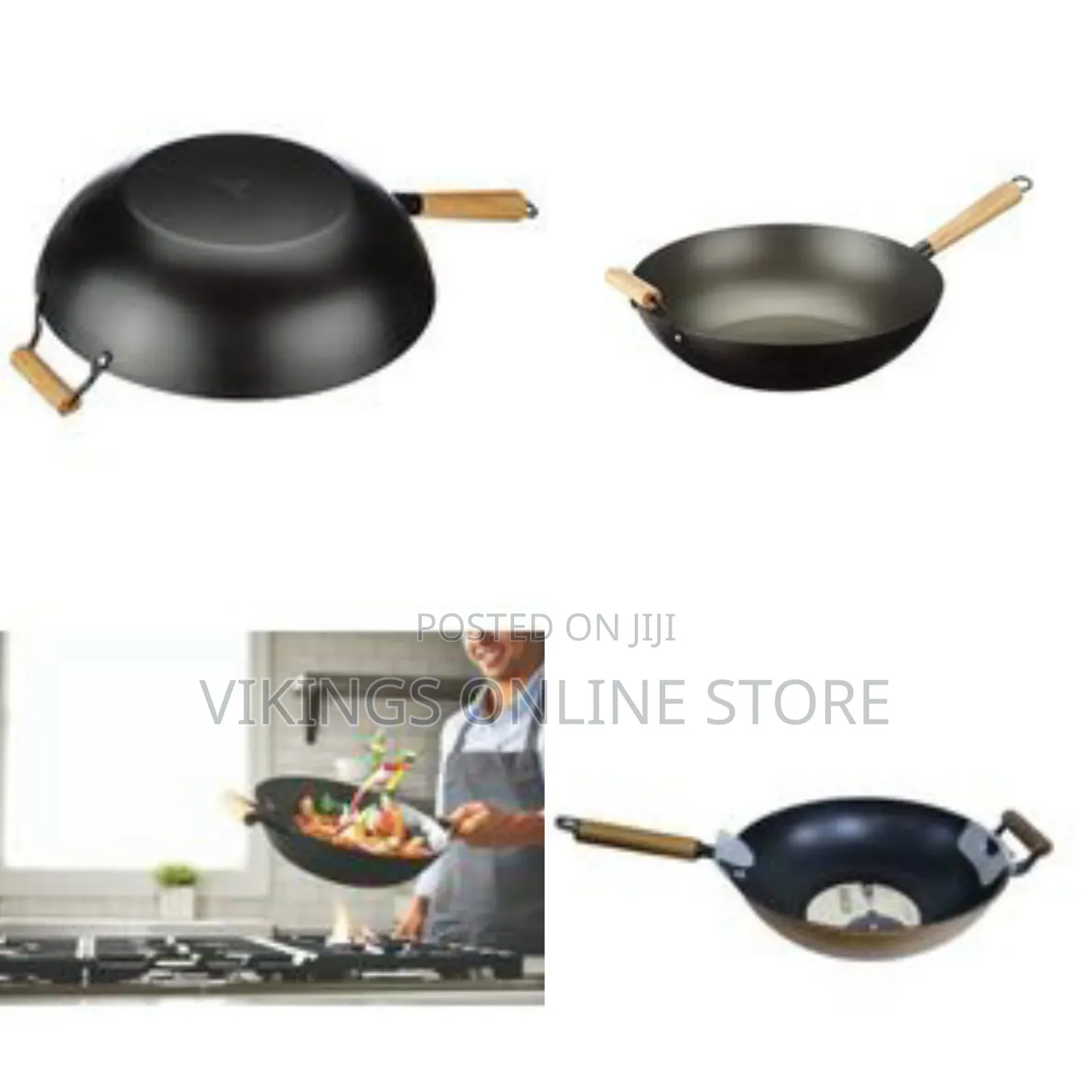 32cm Non-Stick Wok Stir Frying Pan Saucepan With Wooden Handle- Black