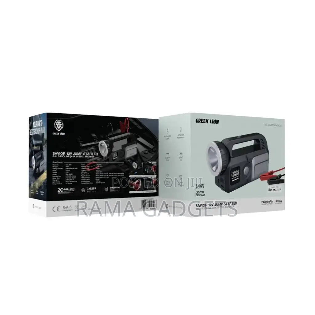 Green Lion Savior 12v Jump Starter in Gray.