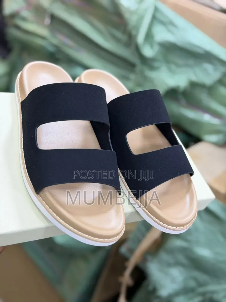 Black Tan Double Strap Slides