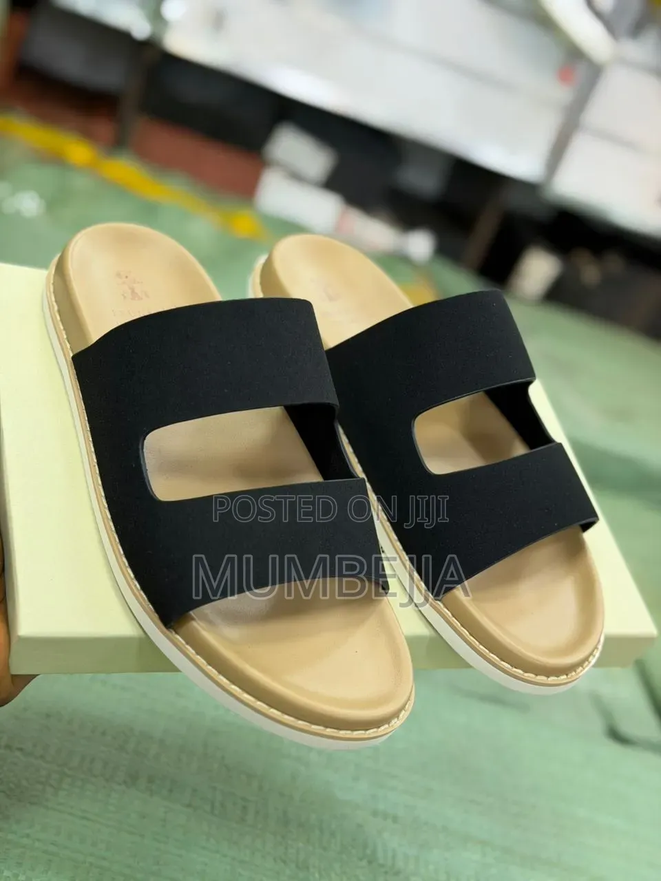 Black Tan Double Strap Slides