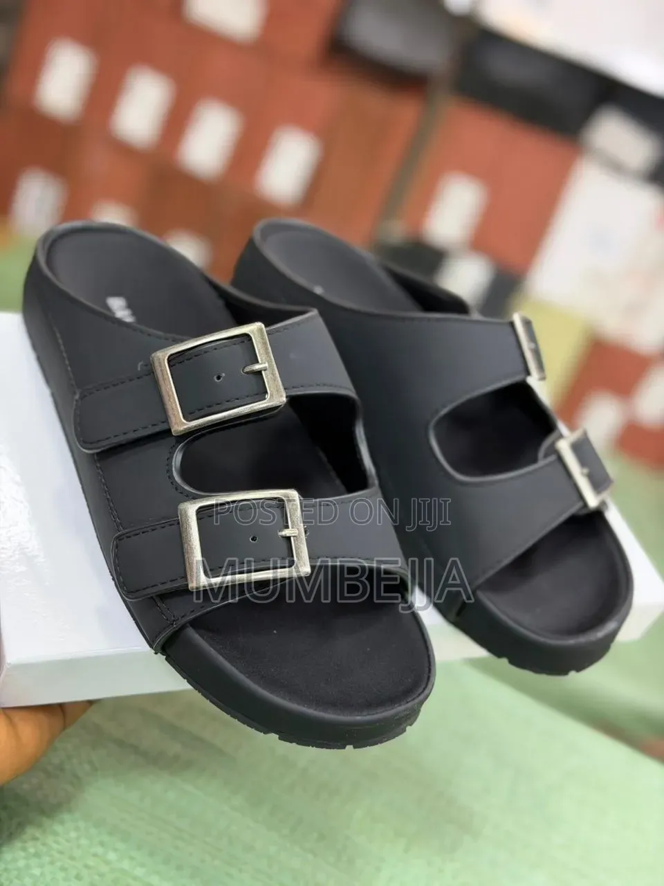 Black Leather Double Buckle Slides