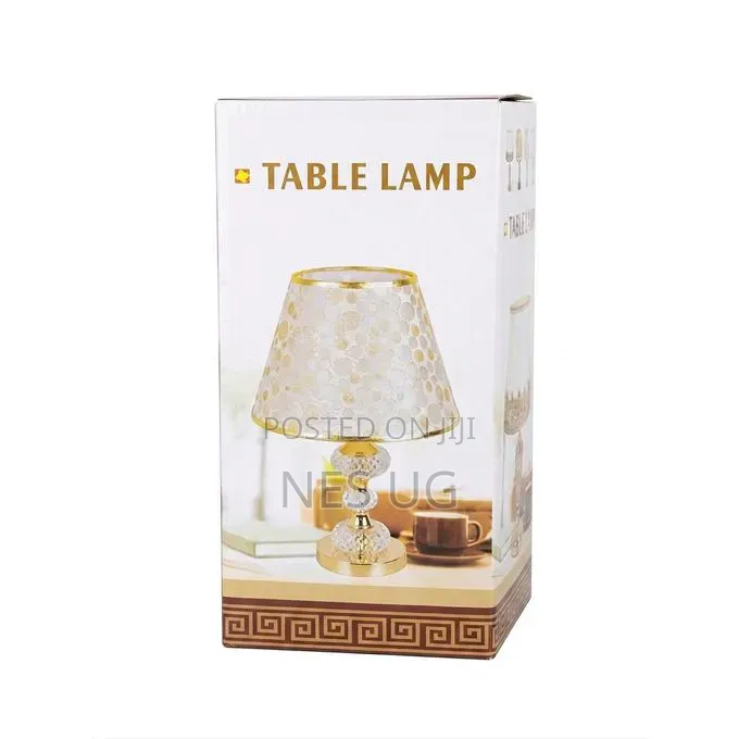 Elegant Crystal-Base Table Lamp With Patterned Gold-Trim Shade
