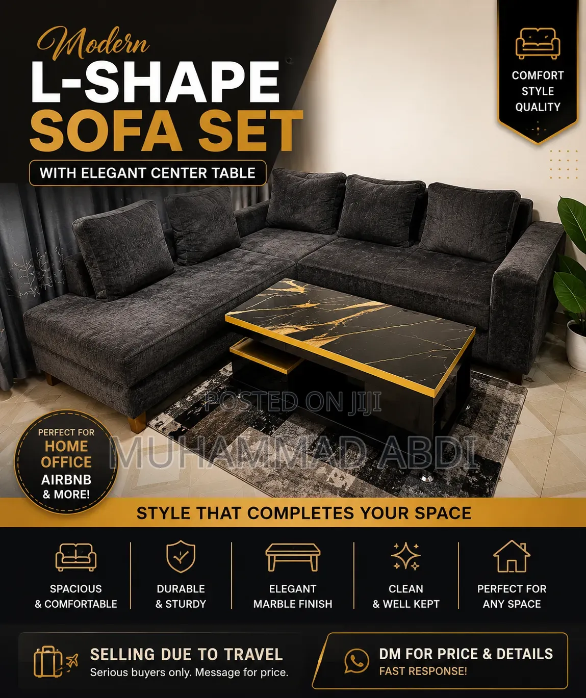 Modern L-Shape Sofa Set With Marble Table – Clean Comfortable
