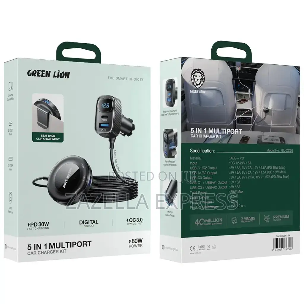 Green Lion 5in1 Multiport Car Charger Kit, Universal 3x Usb-C Ports