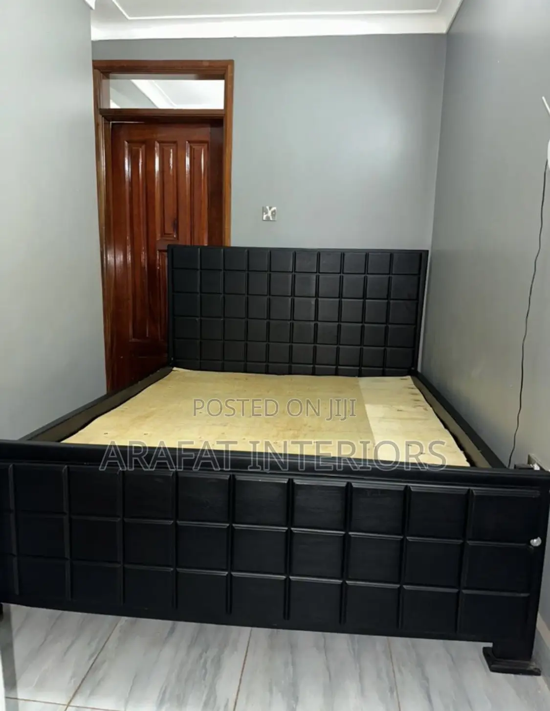 Modern Black Upholstered Bed Frame With Grid Tufted Design