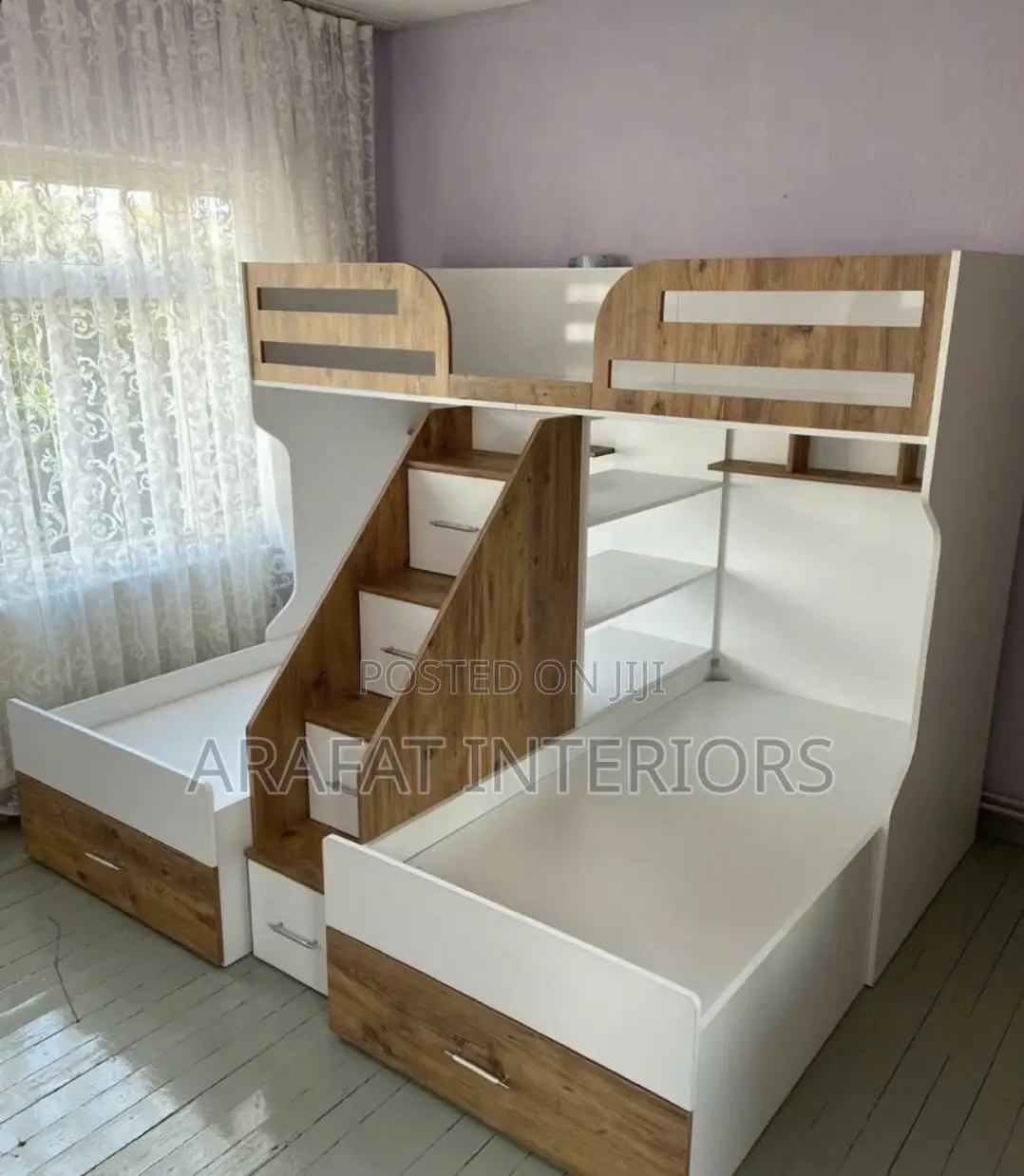 Modern White Wood Kids Bunk Bed With Stairs Ample Storage!
