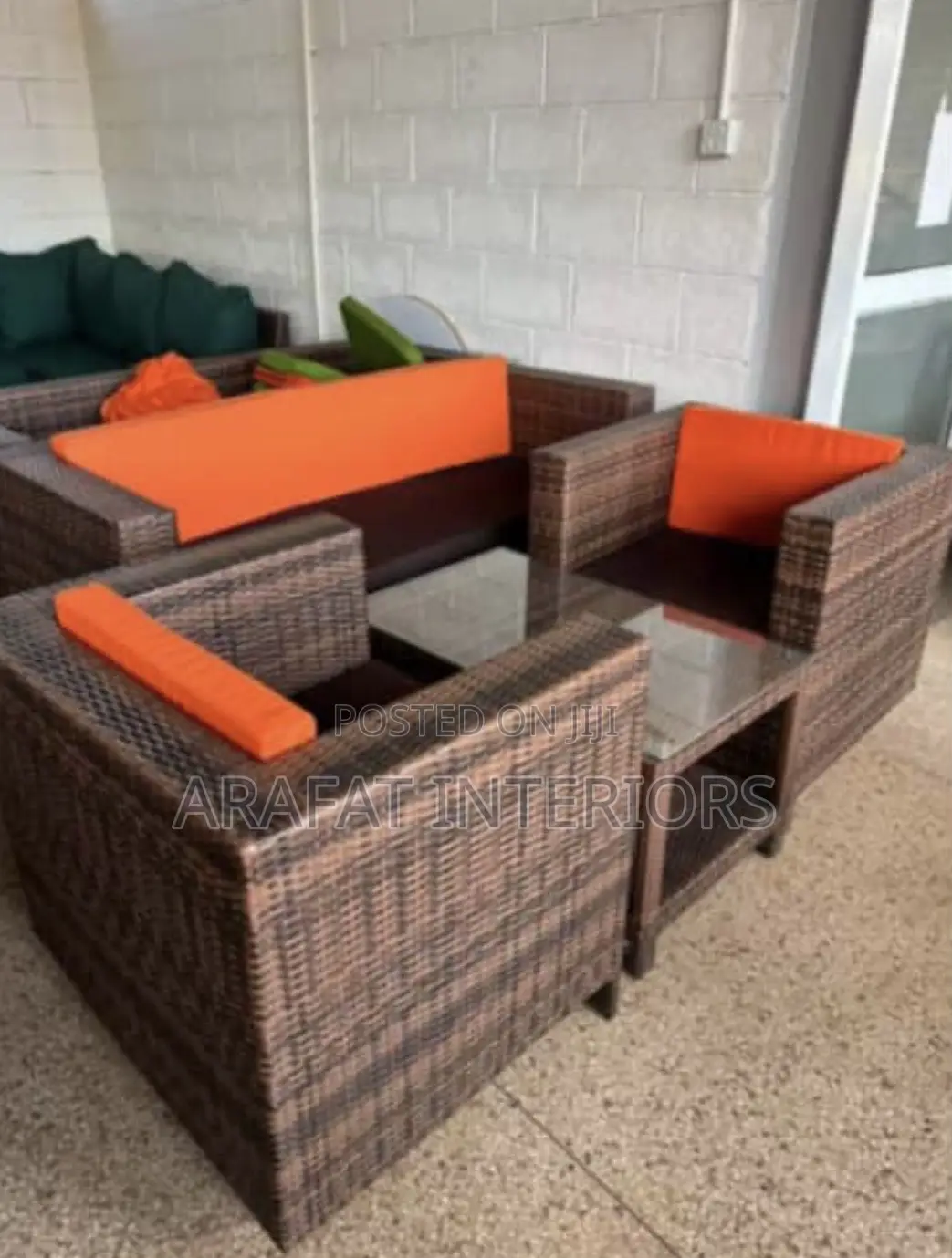 Modern Brown Wicker Outdoor Patio Set With Orange Cushions