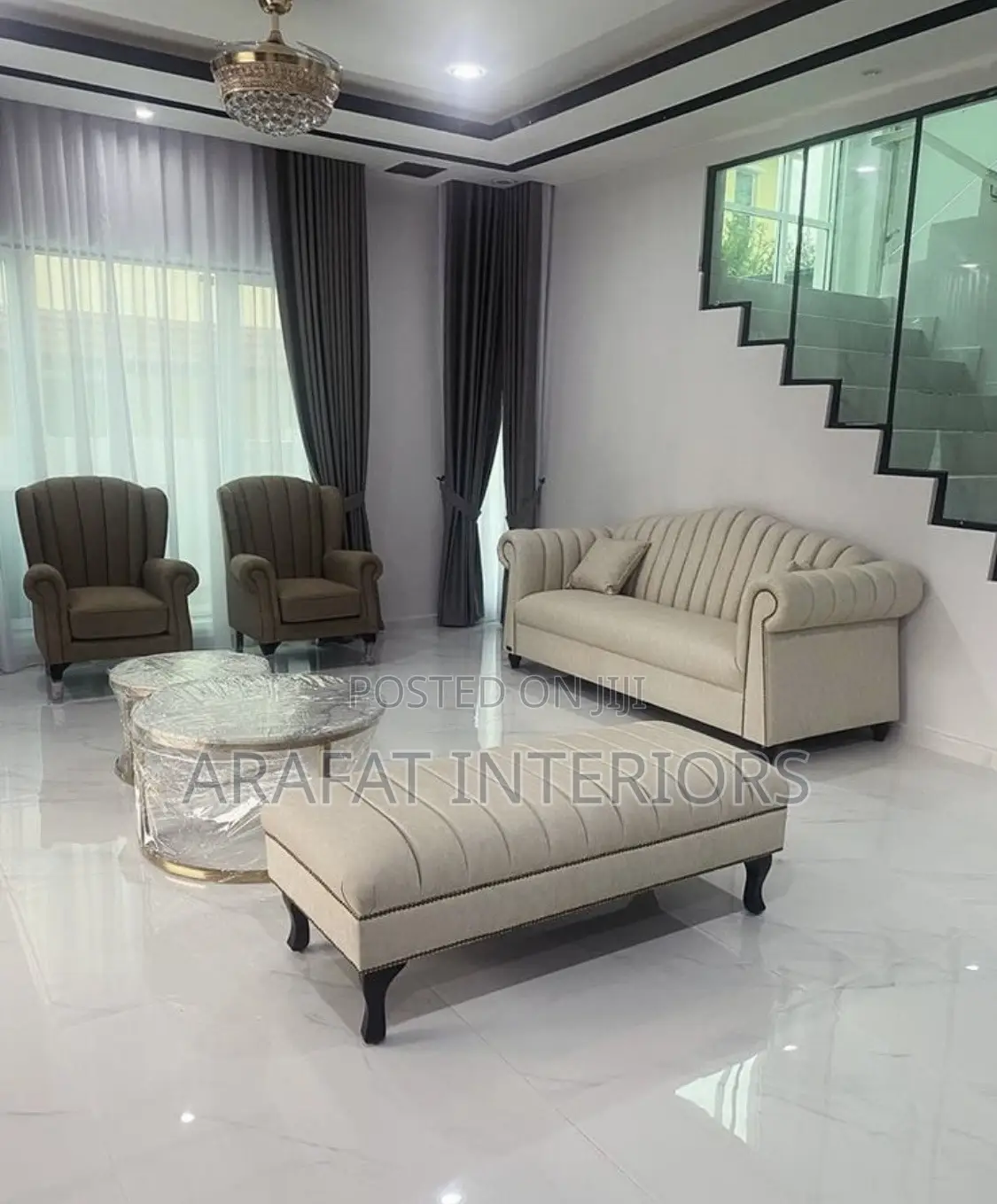 Elegant Beige Channel Tufted Living Room Set - Excellent Condition!
