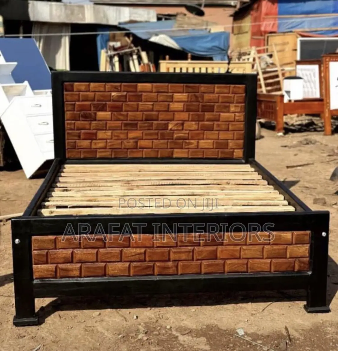 Modern Black Bed Frame With Brick Wood Panel Design