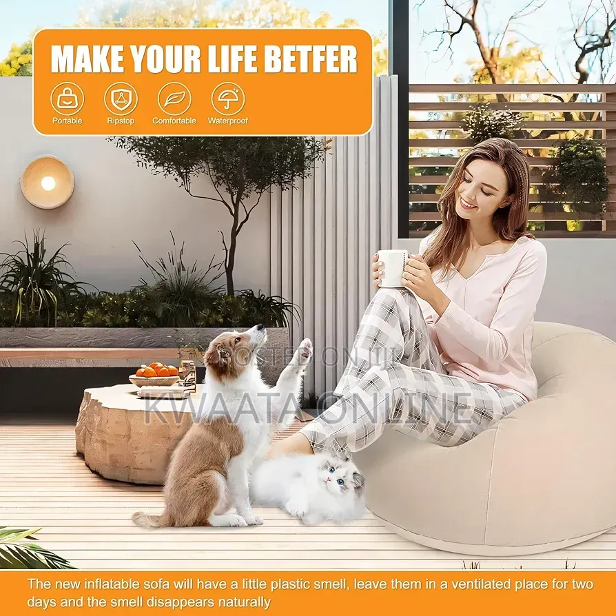 Inflatable Chair With Air Pump, Flocked PVC Blow Up Couch Chaise Sofa