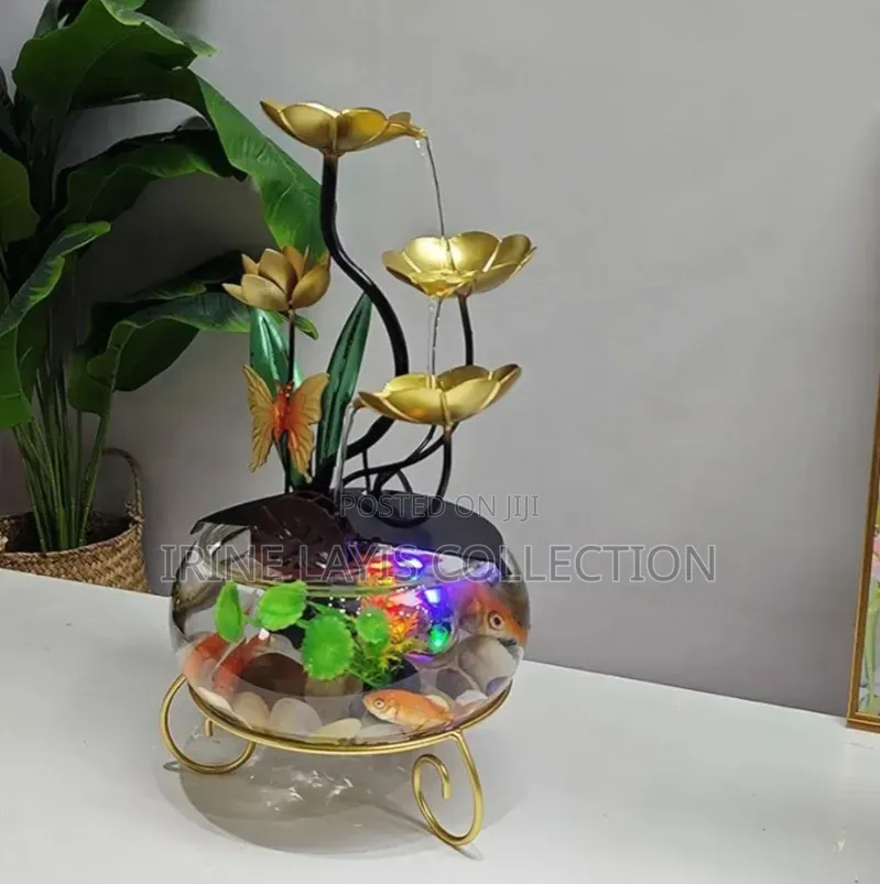 Decorative Metal and Glass Lotus-Themed Tabletop Fountain