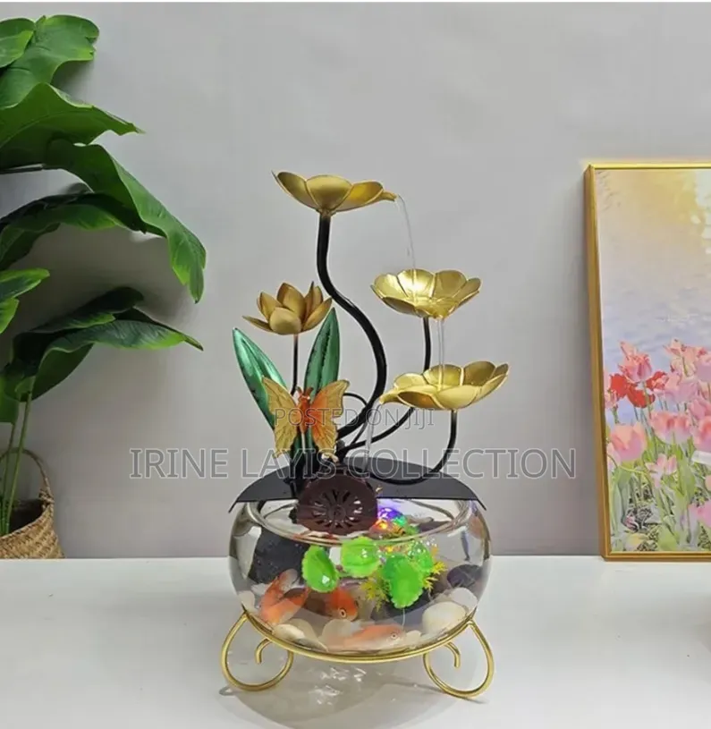 Decorative Metal and Glass Lotus-Themed Tabletop Fountain