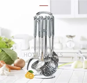 7 Piece Stainless Steel Cooking Tools Set With Rotating Holder Silver