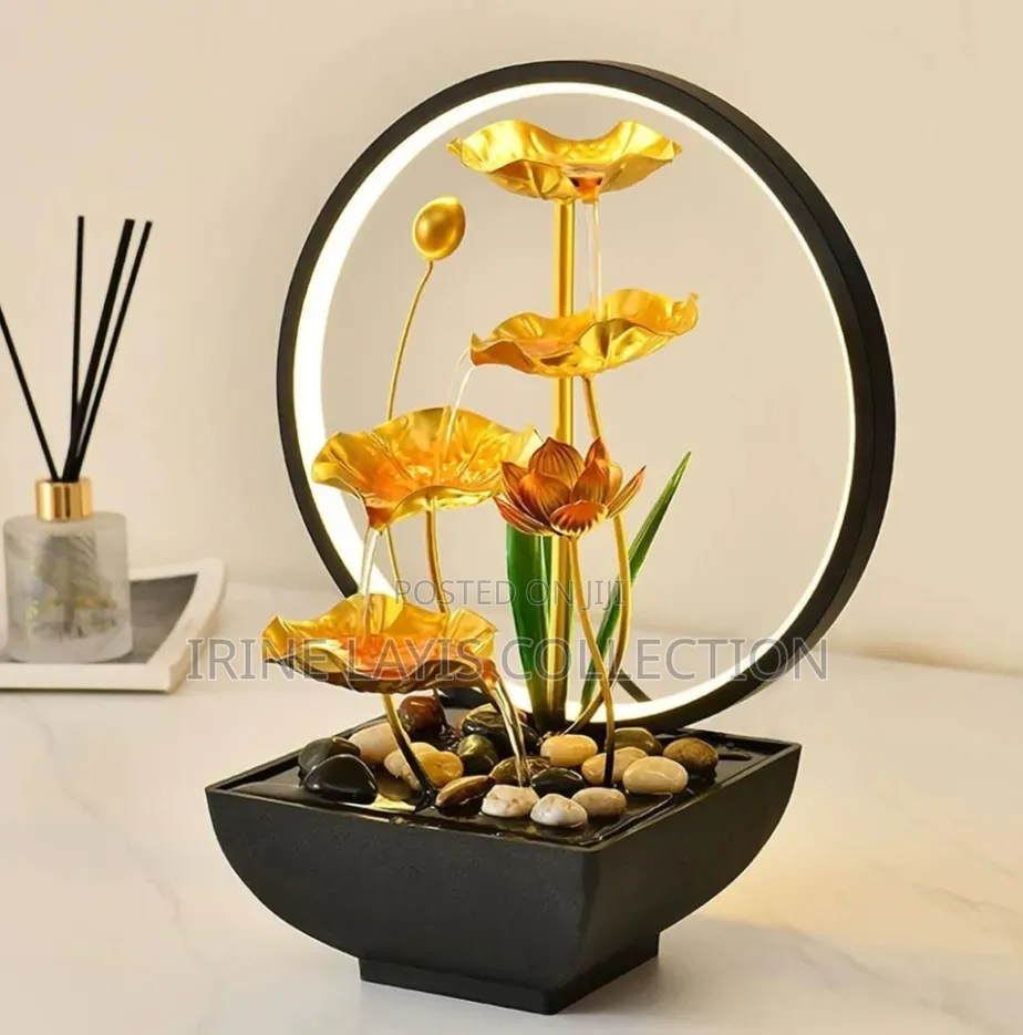 Water Table Golden Metal Lotus Flower With Led Ring Light.