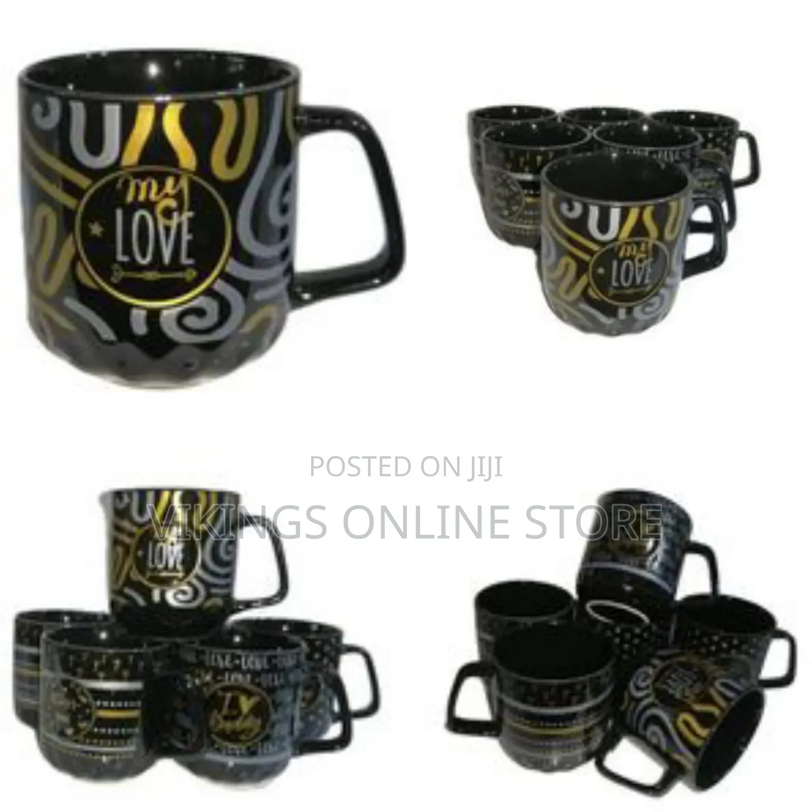 6 Pieces of Silver and Gold Printed Coffee Tea Cups Mugs- Black