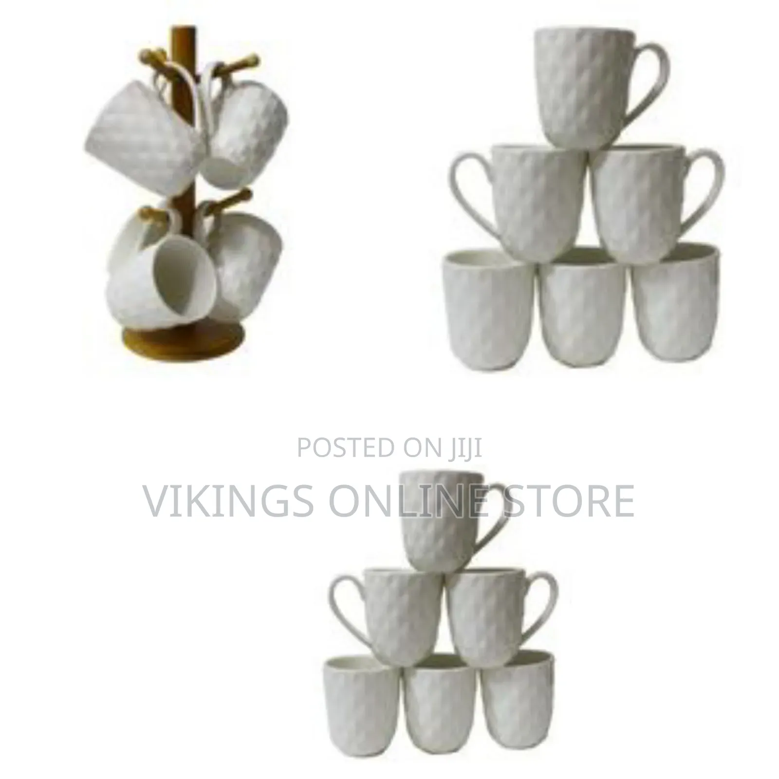 6 Pieces of Tea Coffee Cups Mugs on Wooden Stand - White