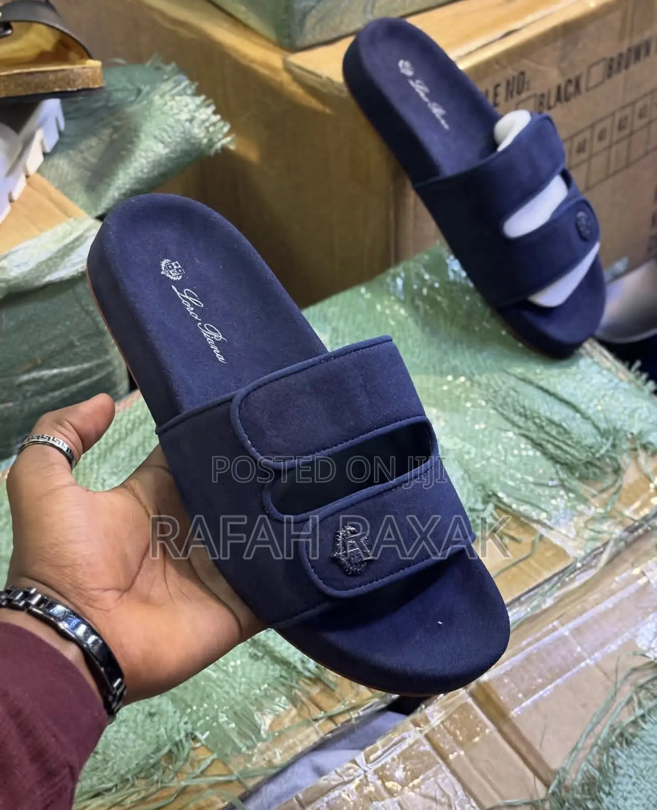 Navy Blue Suede Version of Loro Piana Bouble Strap Slide Sandals