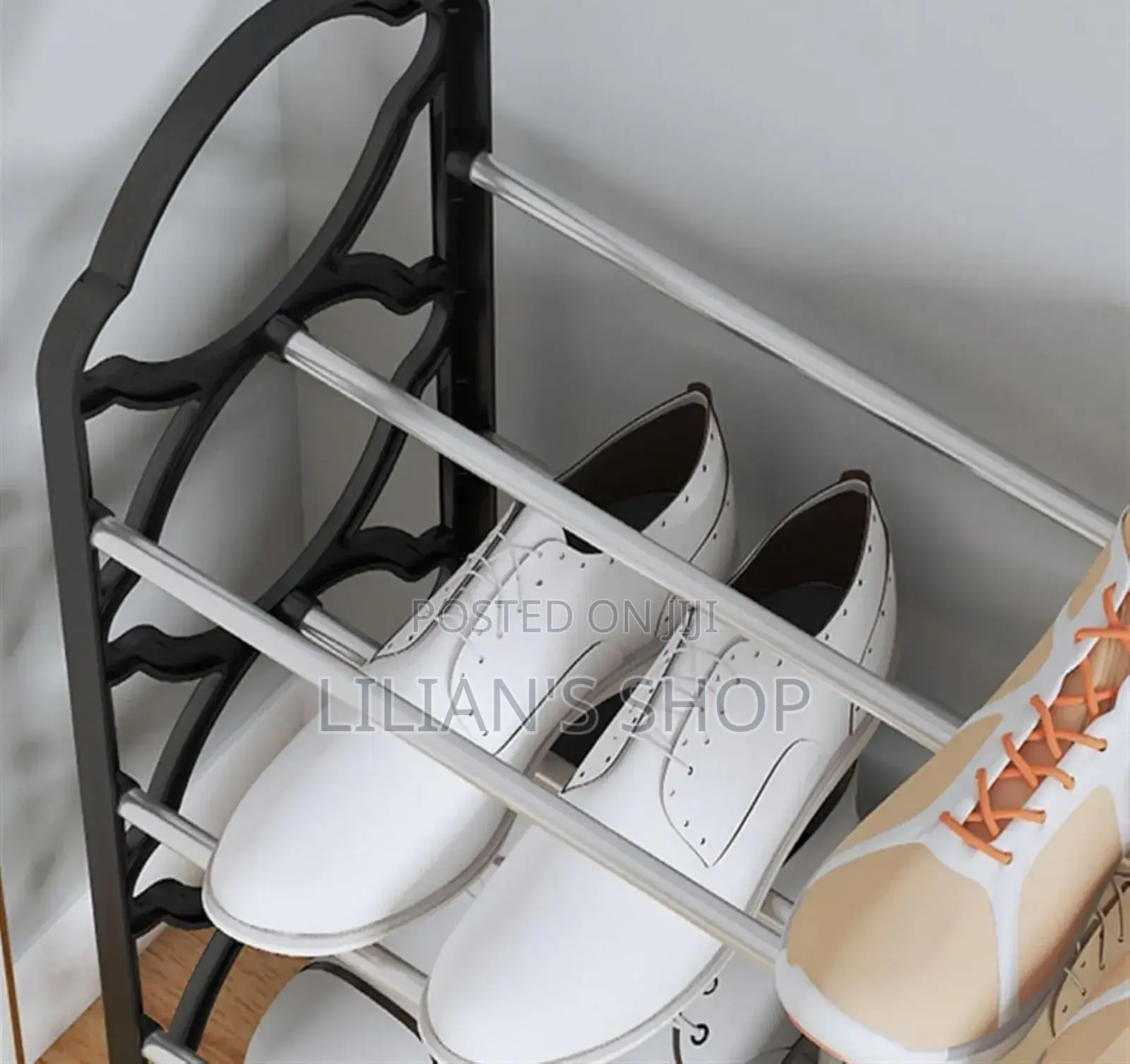 4-Tier Black Foldable Metal and Plastic Shoe Rack