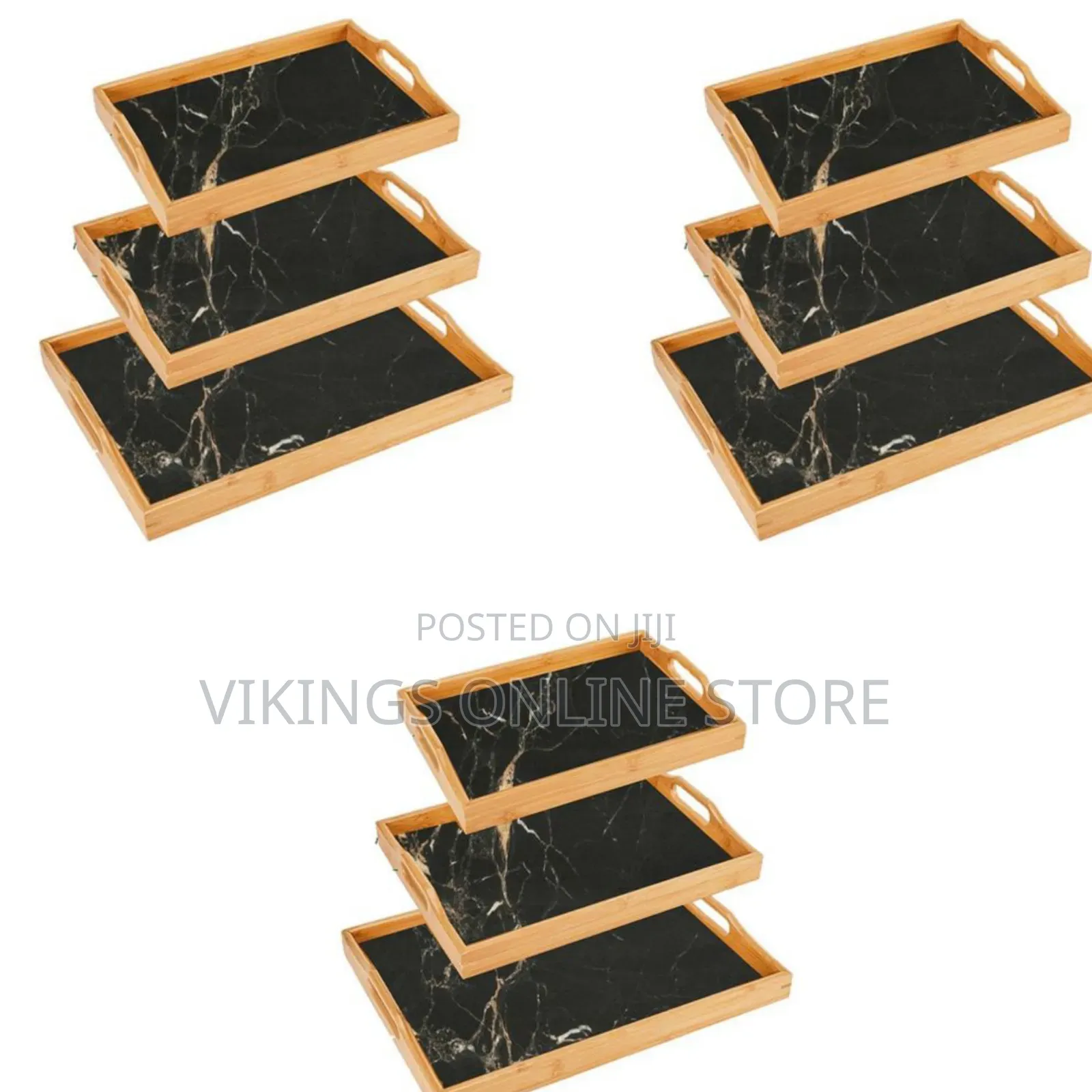 Marble Print Bamboo Tea Serving Tray - 3 Set- Black