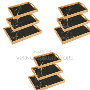Marble Print Bamboo Tea Serving Tray - 3 Set- Black