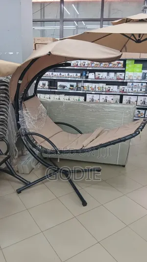 Beige,Coated Steel Hanging Chaise Lounge Chair With a Built-in Canopy
