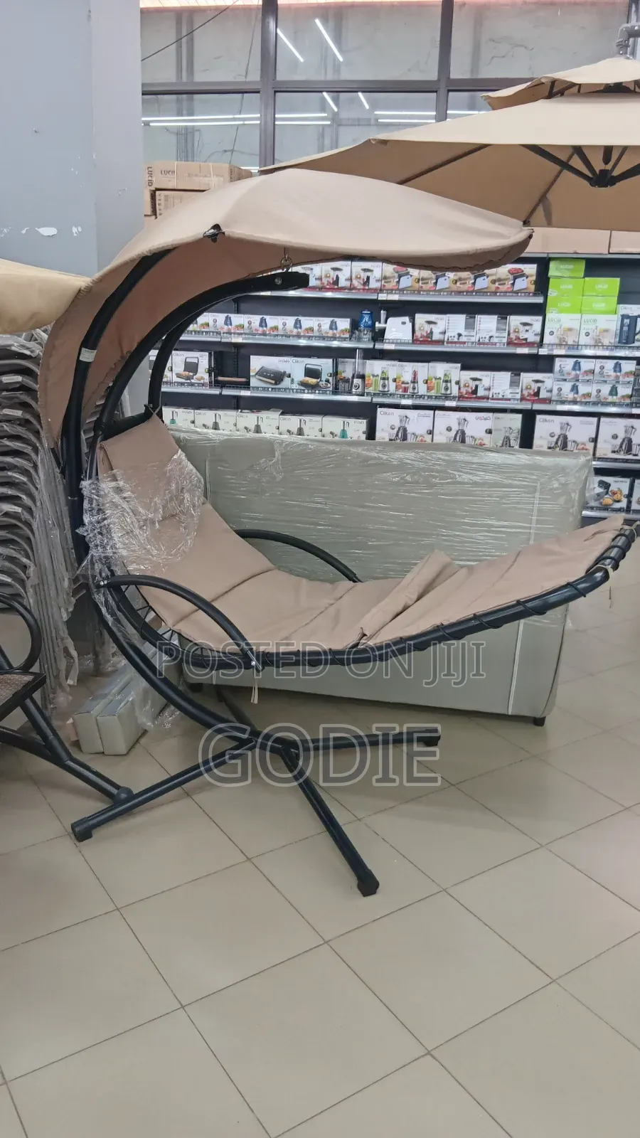 Beige,Coated Steel Hanging Chaise Lounge Chair With a Built-in Canopy