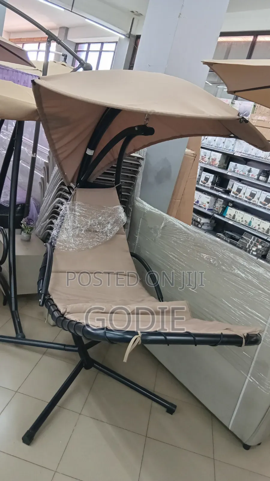 Beige,Coated Steel Hanging Chaise Lounge Chair With a Built-in Canopy