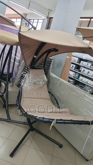 Beige,Coated Steel Hanging Chaise Lounge Chair With a Built-in Canopy