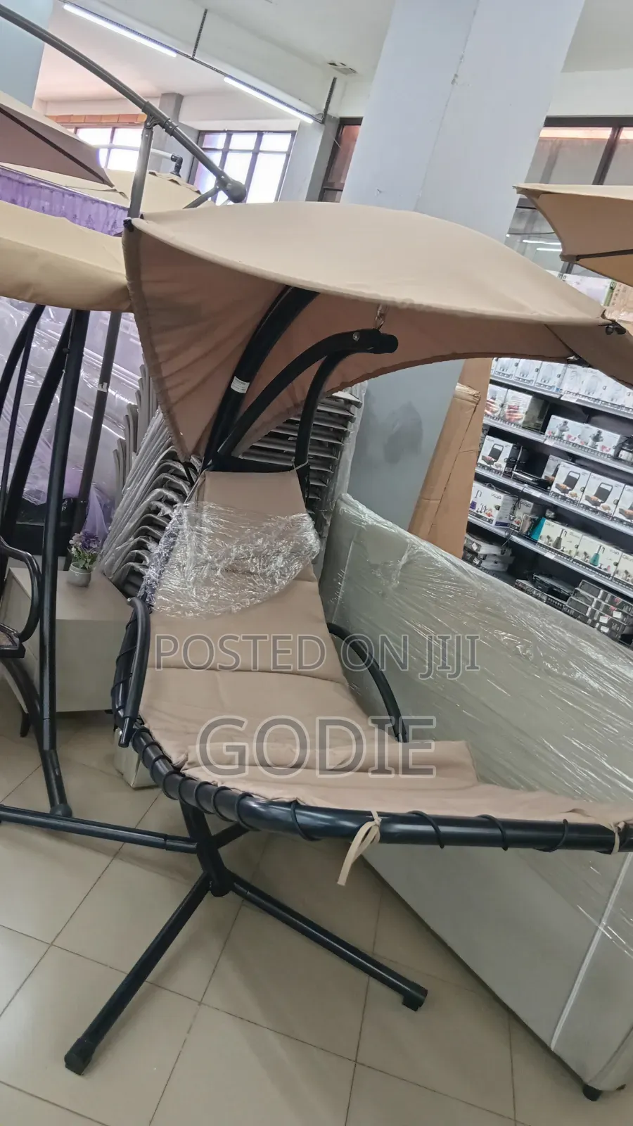 Beige,Coated Steel Hanging Chaise Lounge Chair With a Built-in Canopy