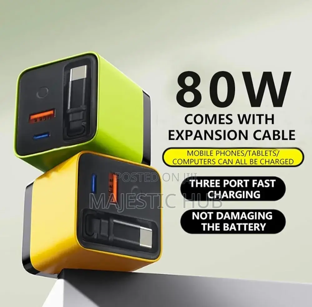 80w Gan Charger With Retractable Type-C Cable Fast Charging Adapter