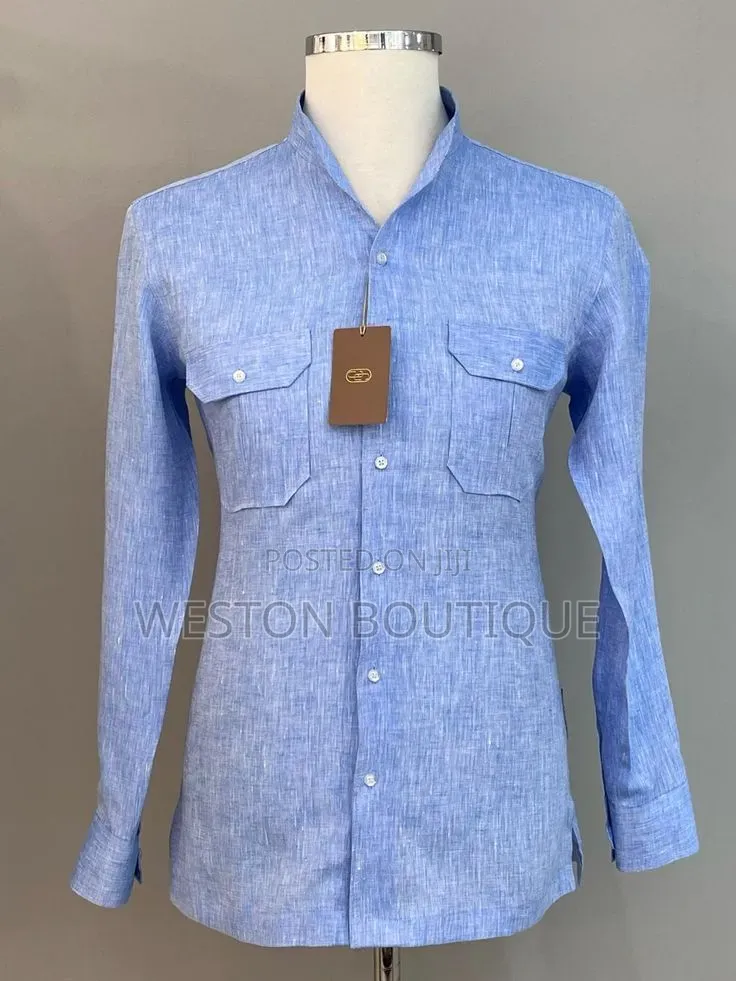 Collarless Men's Double Pocket Gentle Linen Shirts