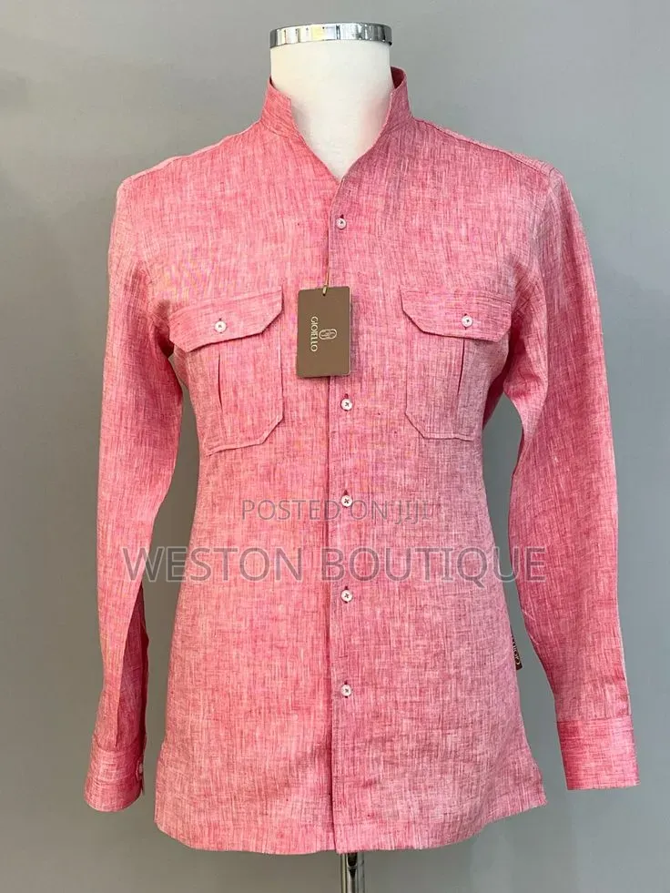 Collarless Men's Double Pocket Gentle Linen Shirts