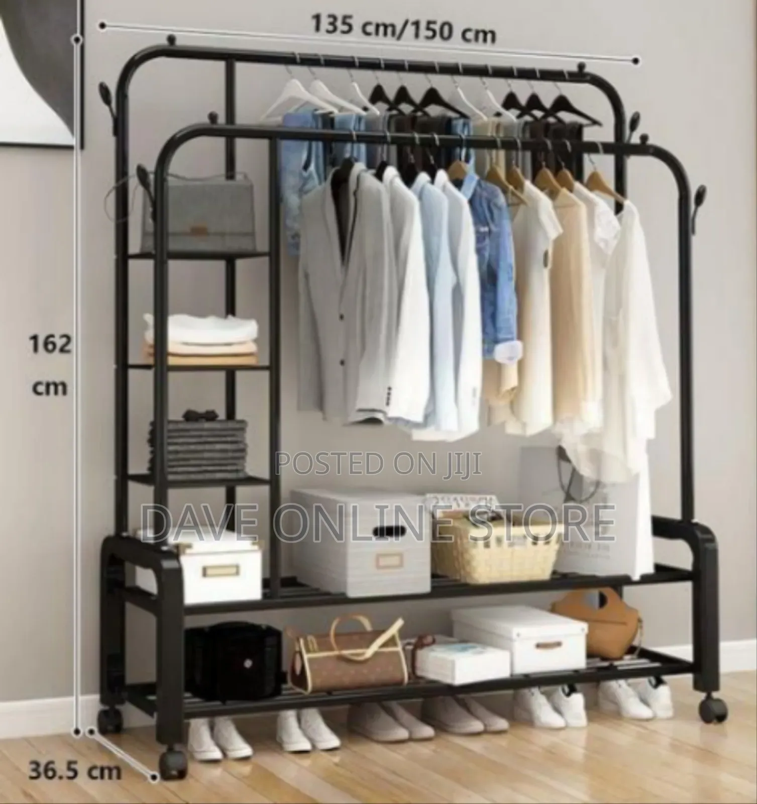 Double-Rail Clothes Rack With Integrated Storage Shelves